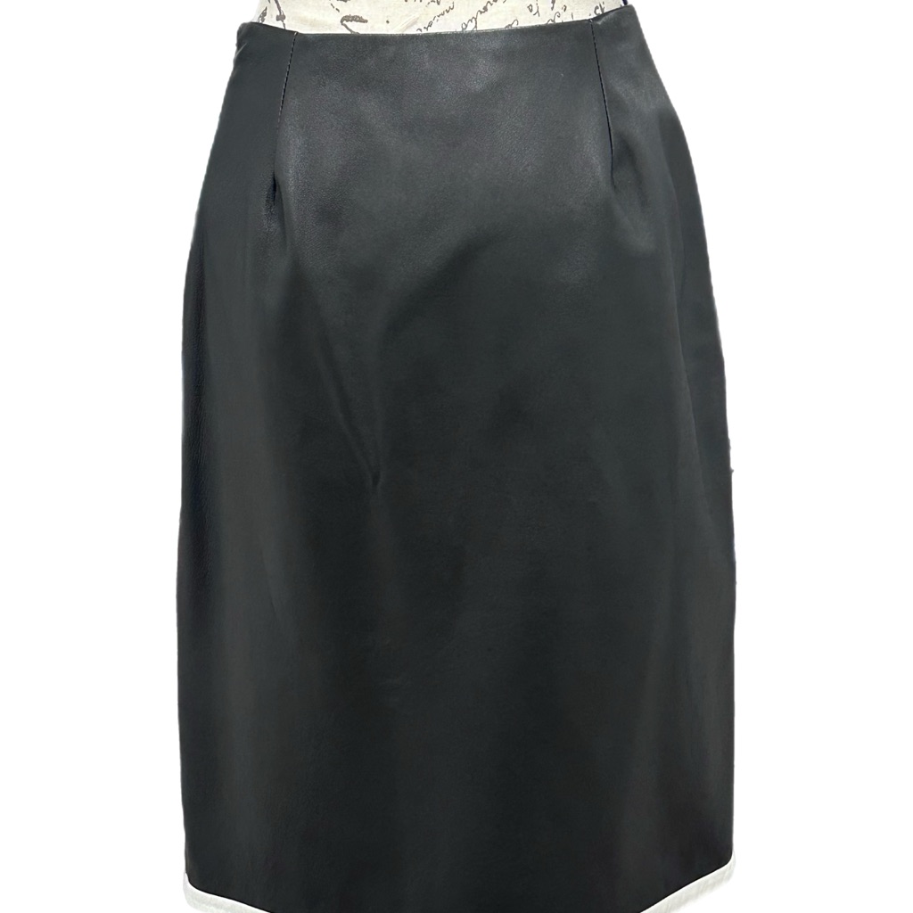 Vtg Carlisle 100% Leather Black Pencil Skirt With White Edging Sz 10 Euc
